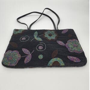 Black and Iridescent Beaded Floral Shoulder Bag